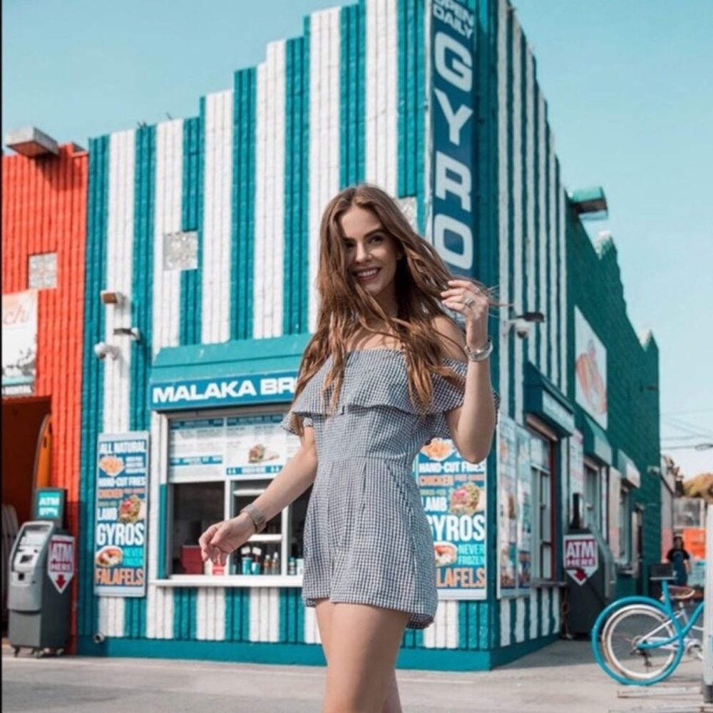 LF Gingham off the shoulder romper with pockets